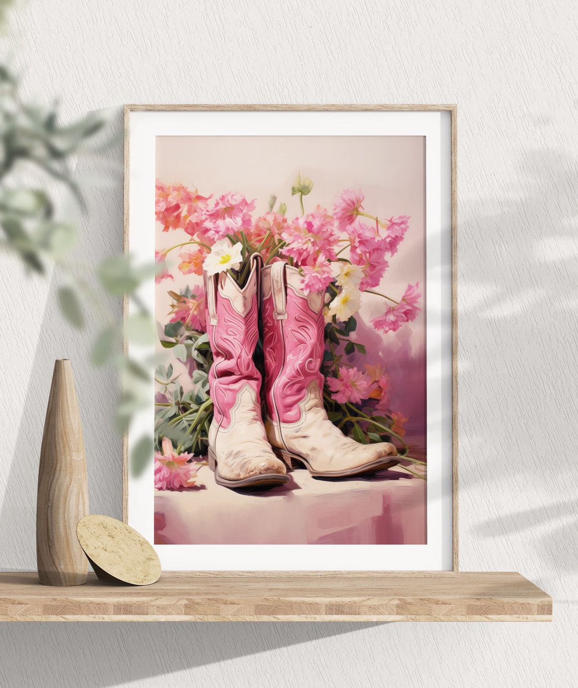 Pink And Cream Cowboy Boots With Soft Pink Wildflowers Poster - Image 2