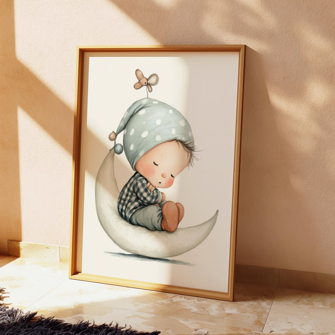 Sleeping Baby On Crescent Moon Whimsical Watercolor Nursery Poster