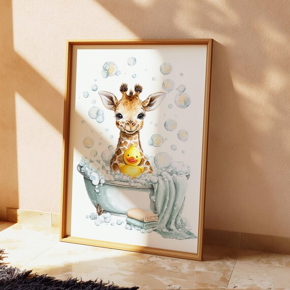 Baby Giraffe in a Bubble Bath with Rubber Duck Nursery Poster