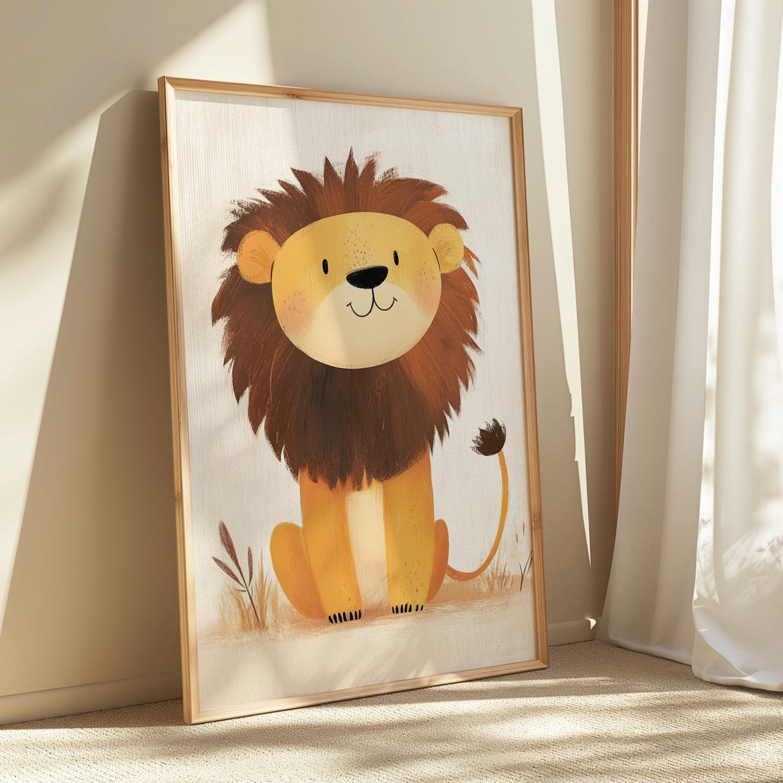 Adorable Smiling Lion Cub Illustration Playful Jungle Nursery Poster