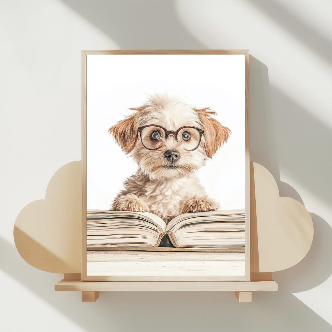 Cute Puppy With Glasses Peeking Over Open Book Funny Classroom Poster