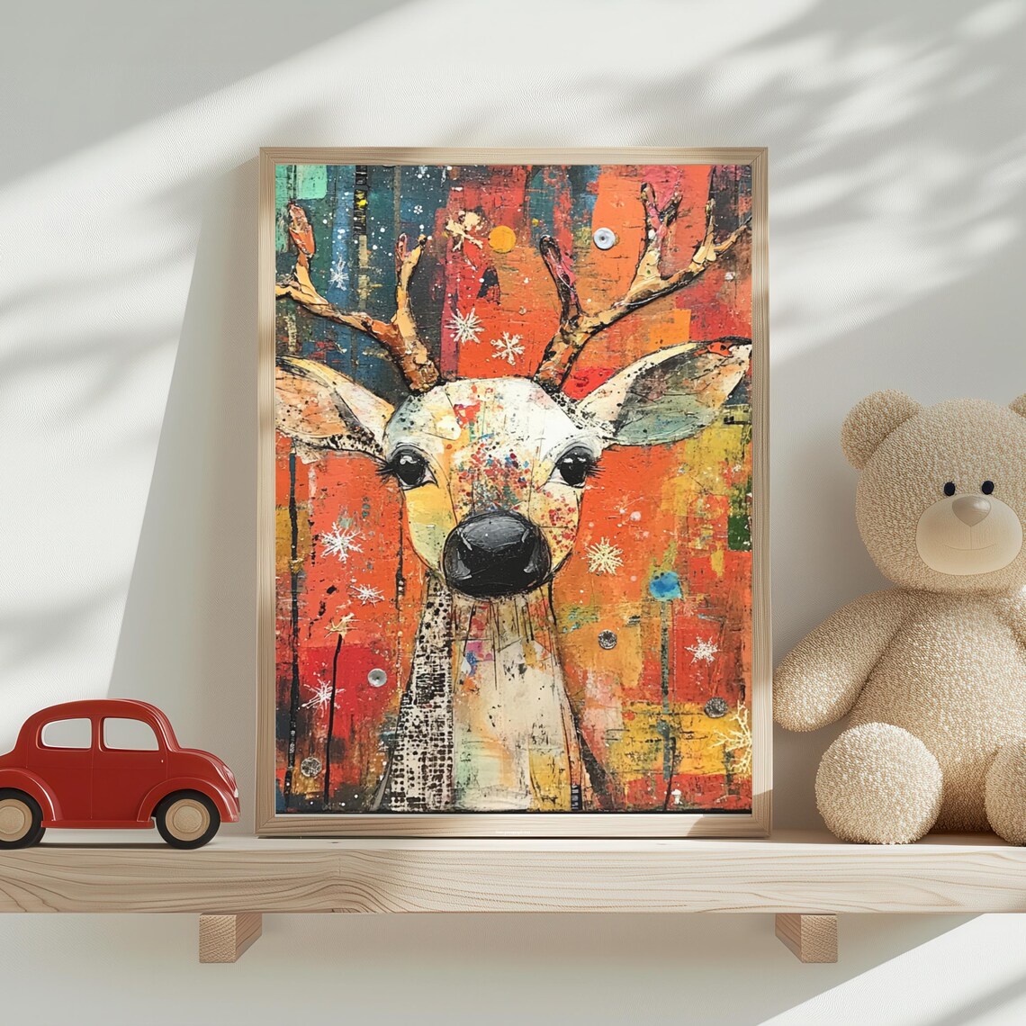 Abstract Reindeer Portrait on Bold Orange and Teal Festive Poster