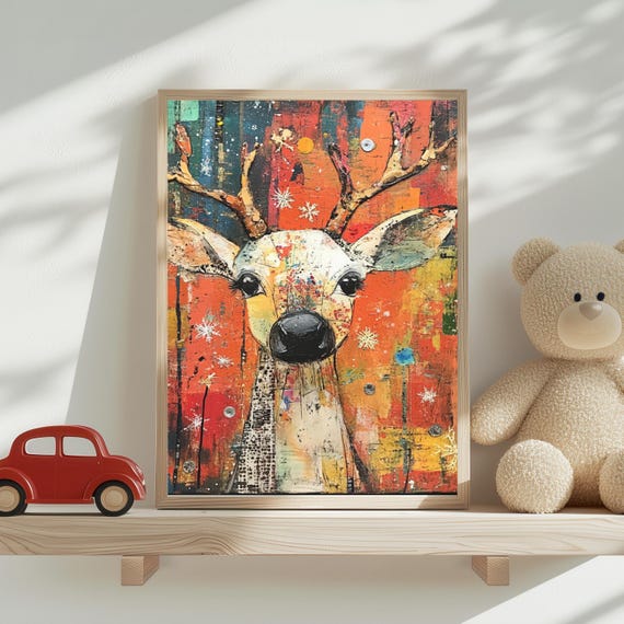 Whimsical Reindeer Print Abstract Holiday Wall Art