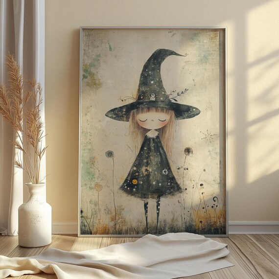 Cute Witch Girl Print Whimsical Halloween Wall Art Vintage Artwork For Kids Room Instant Spooky