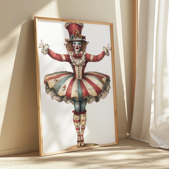 Whimsical Circus Wall Art Vintage Clown Quirky Carnival Print Retro Dancer Poster Instant