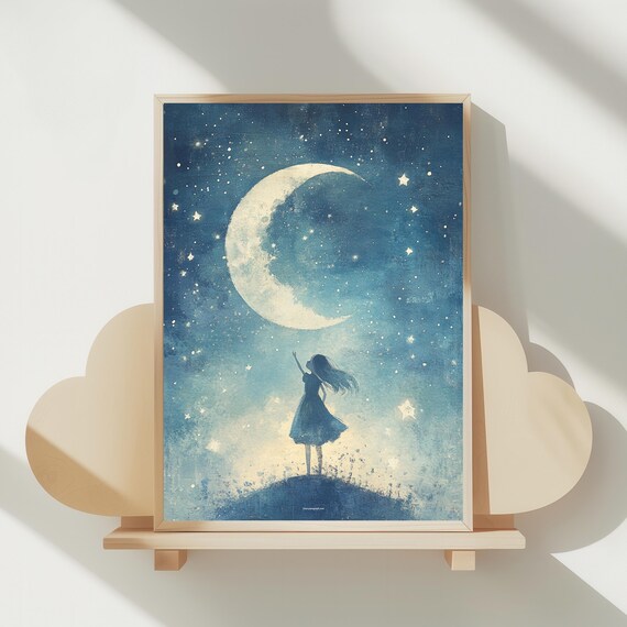 Girl Reaching For Moon Print Starry Night Celestial Kids Room Decor