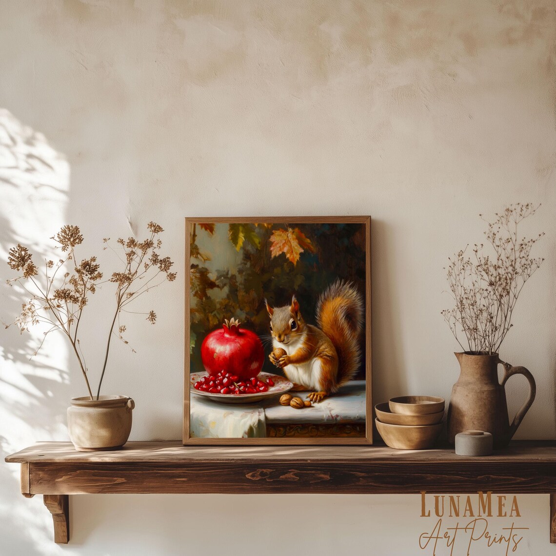 Squirrel with Pomegranate Autumn Still Life Vintage Animal Painting Wall Art - Image 2