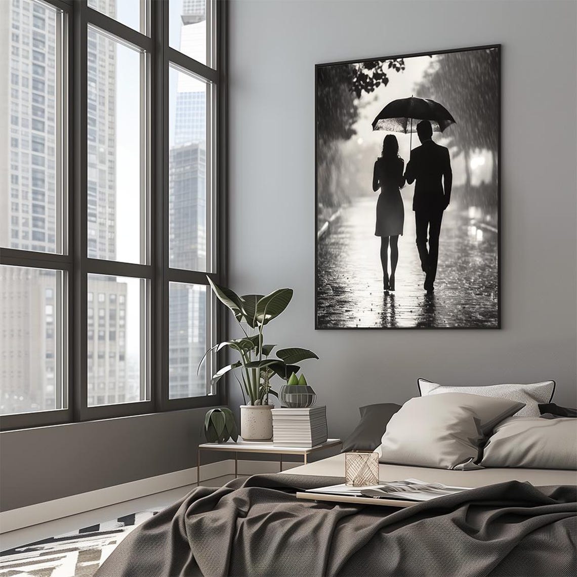 Rainy Night Couple Under Umbrella Monochrome Romantic Poster - Image 2