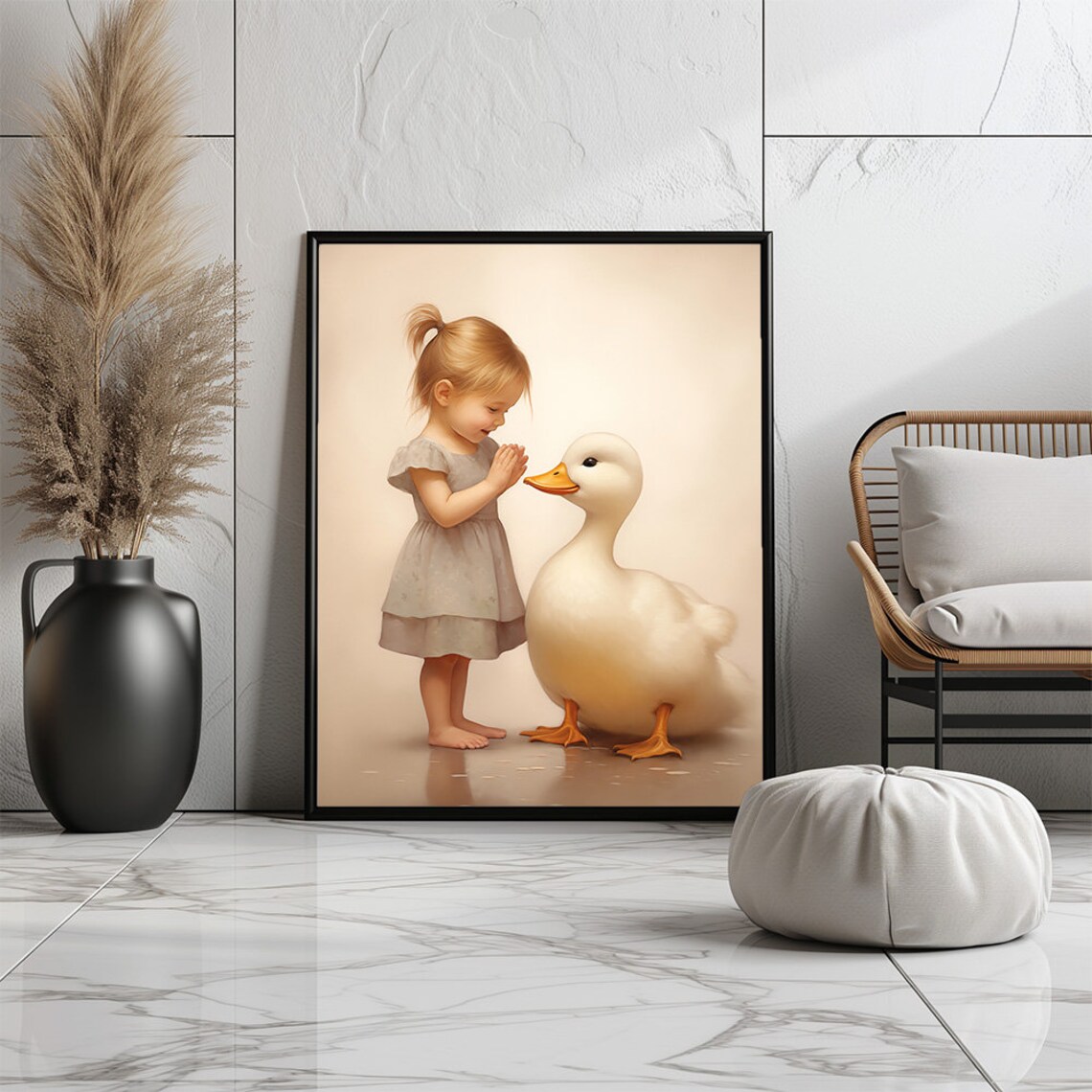 Little Girl And Fluffy White Duck Vintage Nursery Room Wall Art - Image 3
