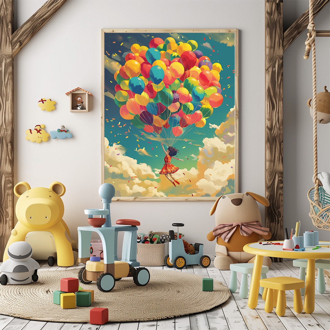 Girl Flying With Balloons Nursery Poster Colorful Kids Playroom Or Preschool Decor Child Balloon Adventure Art Print - Image 3