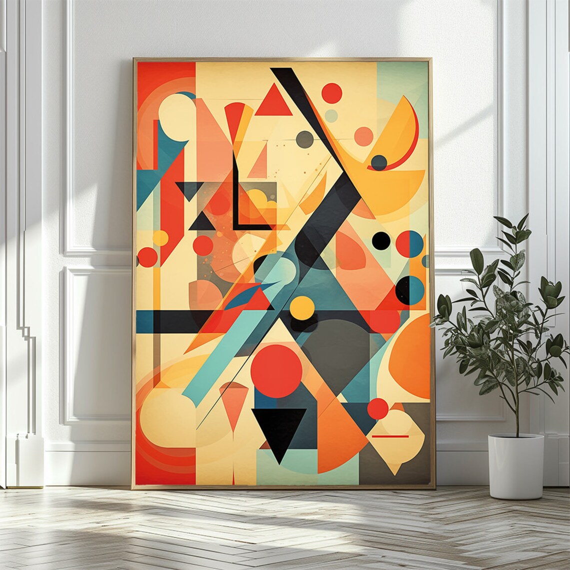 Mid Century Geometric Abstract Art Bold Red Teal Black Shapes Poster