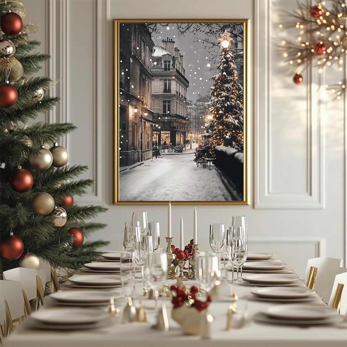 Paris Snowy Christmas Night Street Poster With Glowing Tree Lights - Image 2