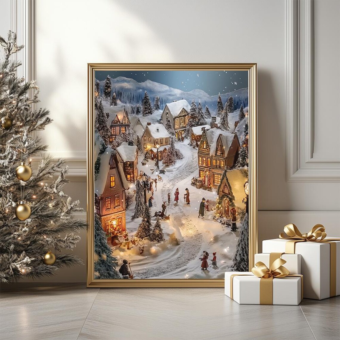 Snowy Christmas Village Night Lights Vintage Holiday Art Poster