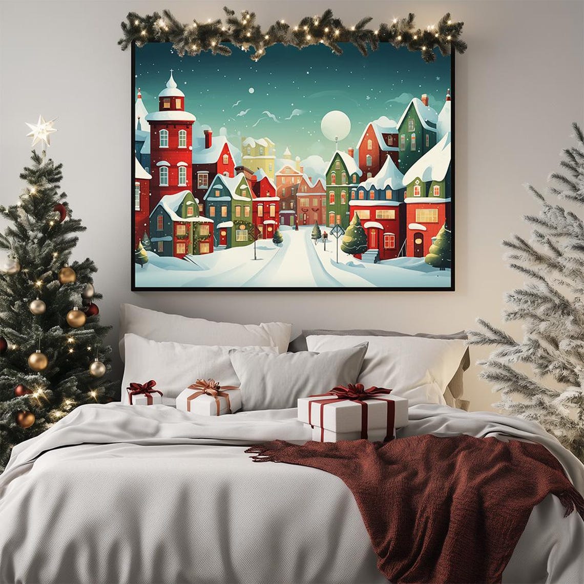 Colorful Snowy Christmas Town Illustration Festive Holiday Poster - Image 2