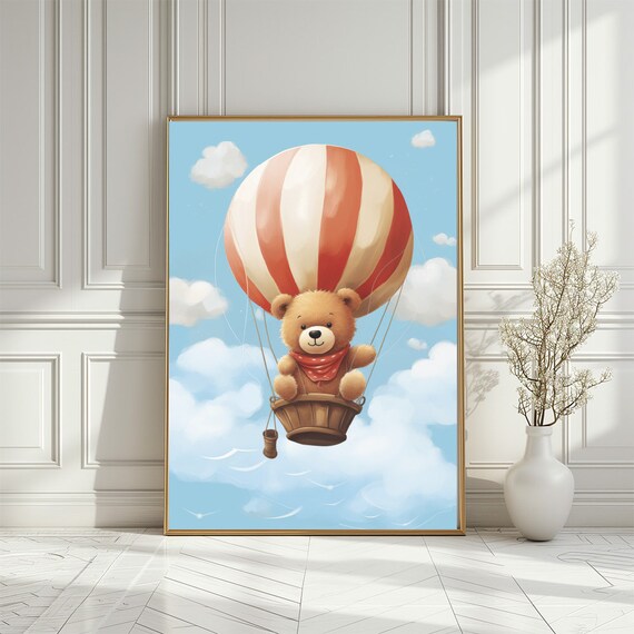 Cute Bear On Ballon Nursery Print Animal Wall Print For Kids Playroom Smiling Bear On Sky Perfect Neutral Nursery Poster