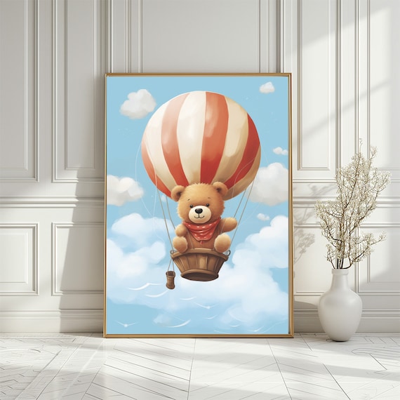 Cute Teddy Bear Hot Air Balloon Nursery Baby Room Art Poster