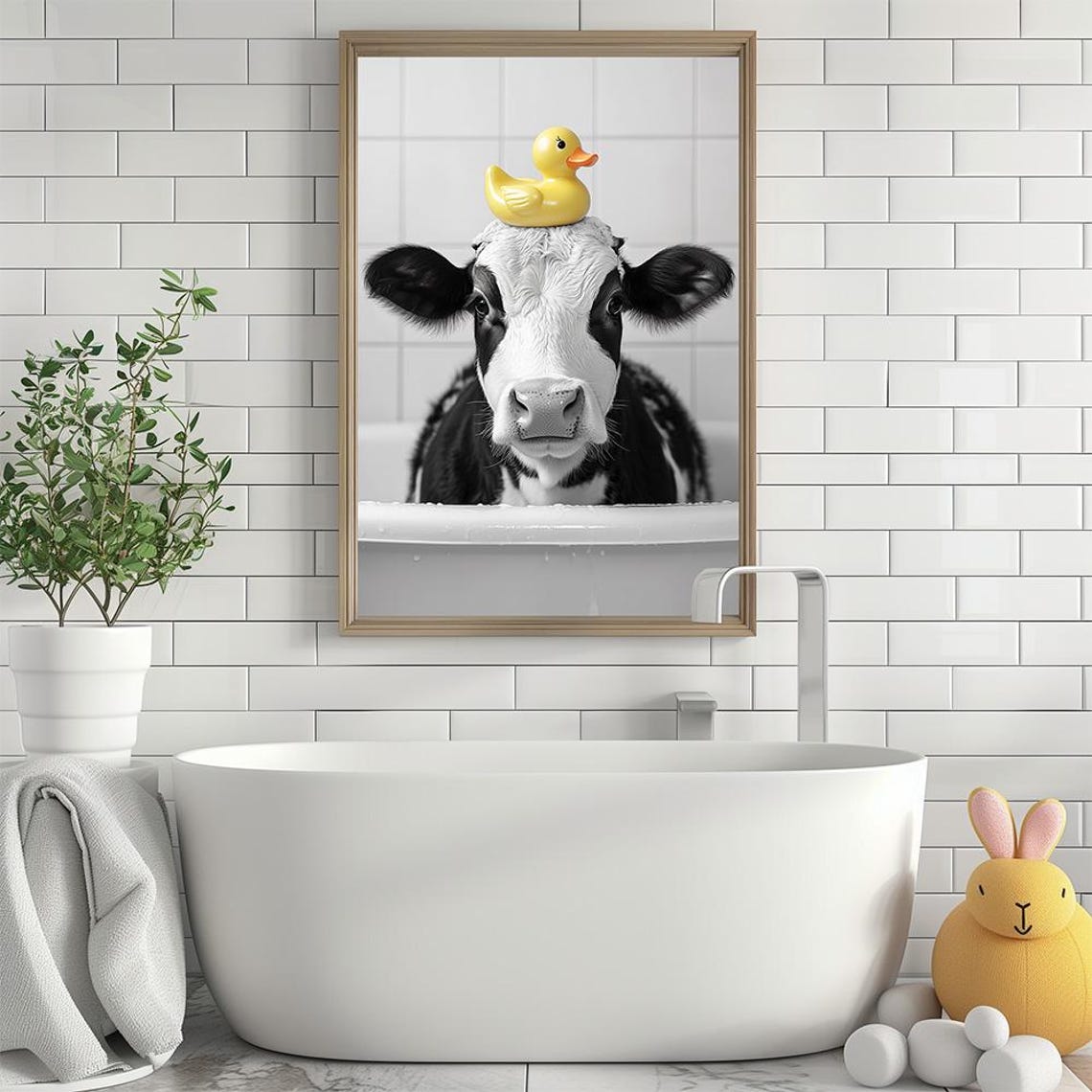 Baby Cow In Bathtub With Yellow Rubber Duck Funny Bathroom Poster - Image 2