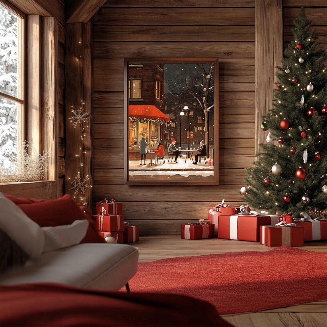 Winter Night Cafe Scene Under Red Awning With Glowing Street Lamps Poster - Image 3