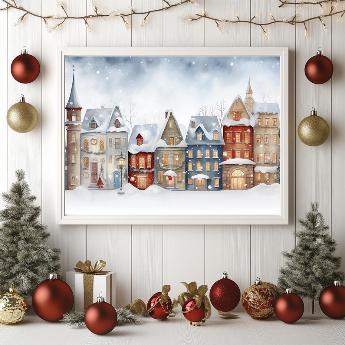 Snowy Christmas Village Townhouses Watercolor Cozy Winter Poster