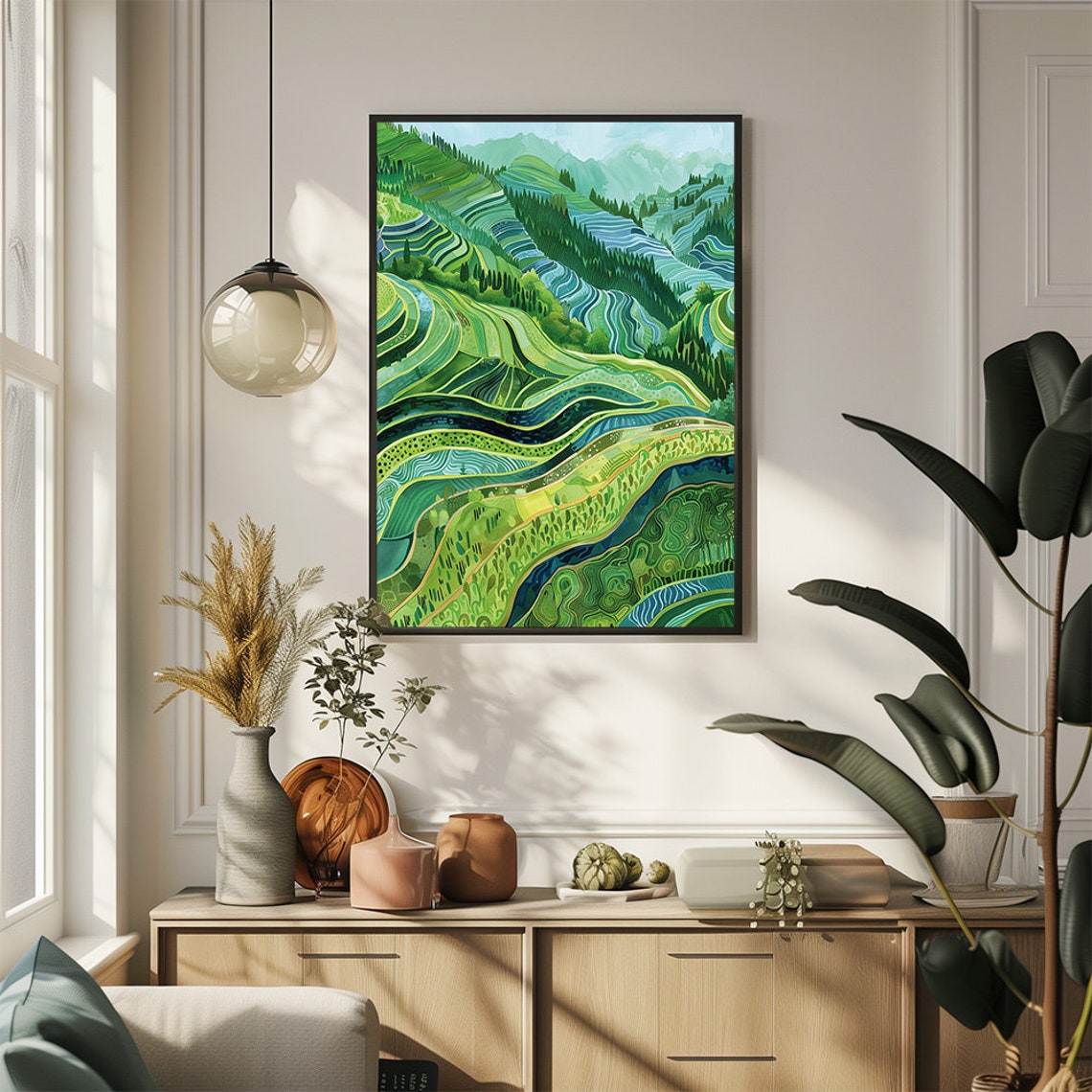 Vibrant Green Rice Terraces Abstract Nature Landscape Art Print - Image 3