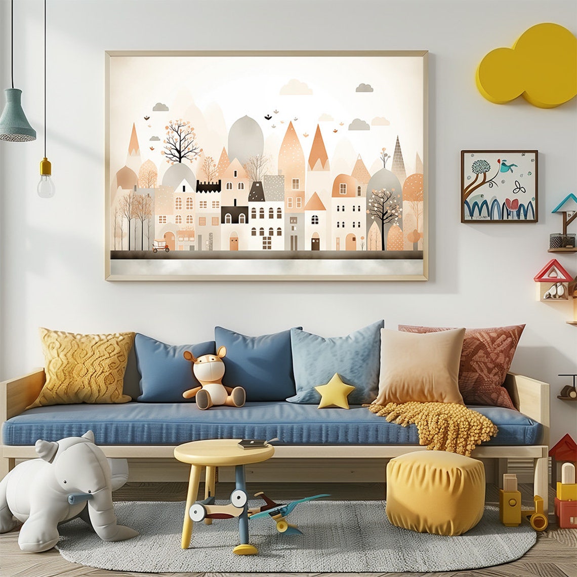 Abstract Nordic Cityscape Nursery Print Scandinavian Small Town Illustration Poster Perfect Modern Neutral Nursery Poster - Image 2