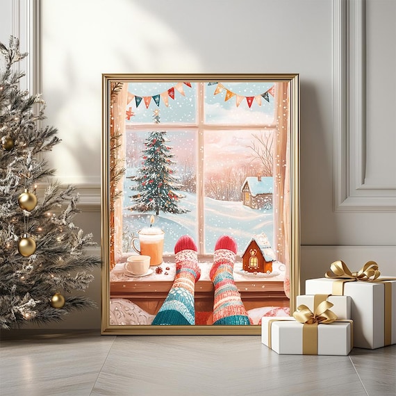 Cozy Snowy Christmas Morning Window View Festive Holiday Art Poster