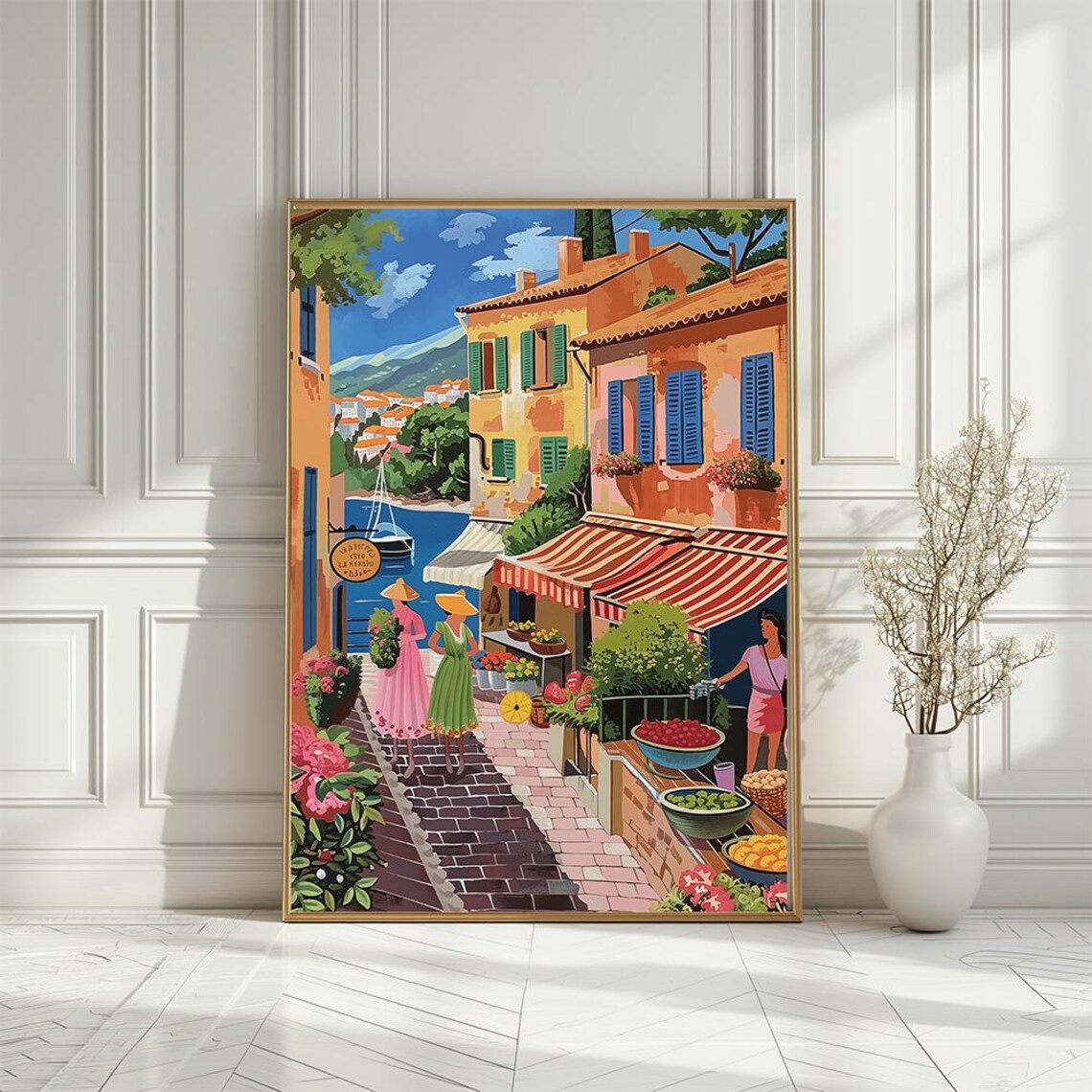 Mediterranean Riviera Market Street Poster With Colorful Sea Town