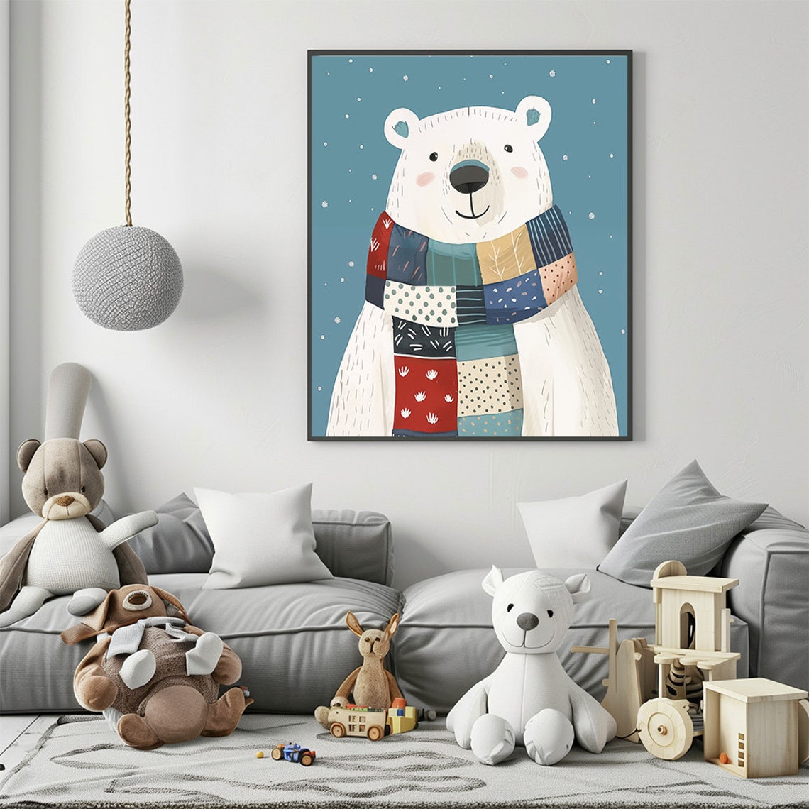 Cute Polar Bear Portrait With Patchwork Scarf Nursery Print Adorable Animal Illustration Poster Neutral Baby Room Decor - Image 2