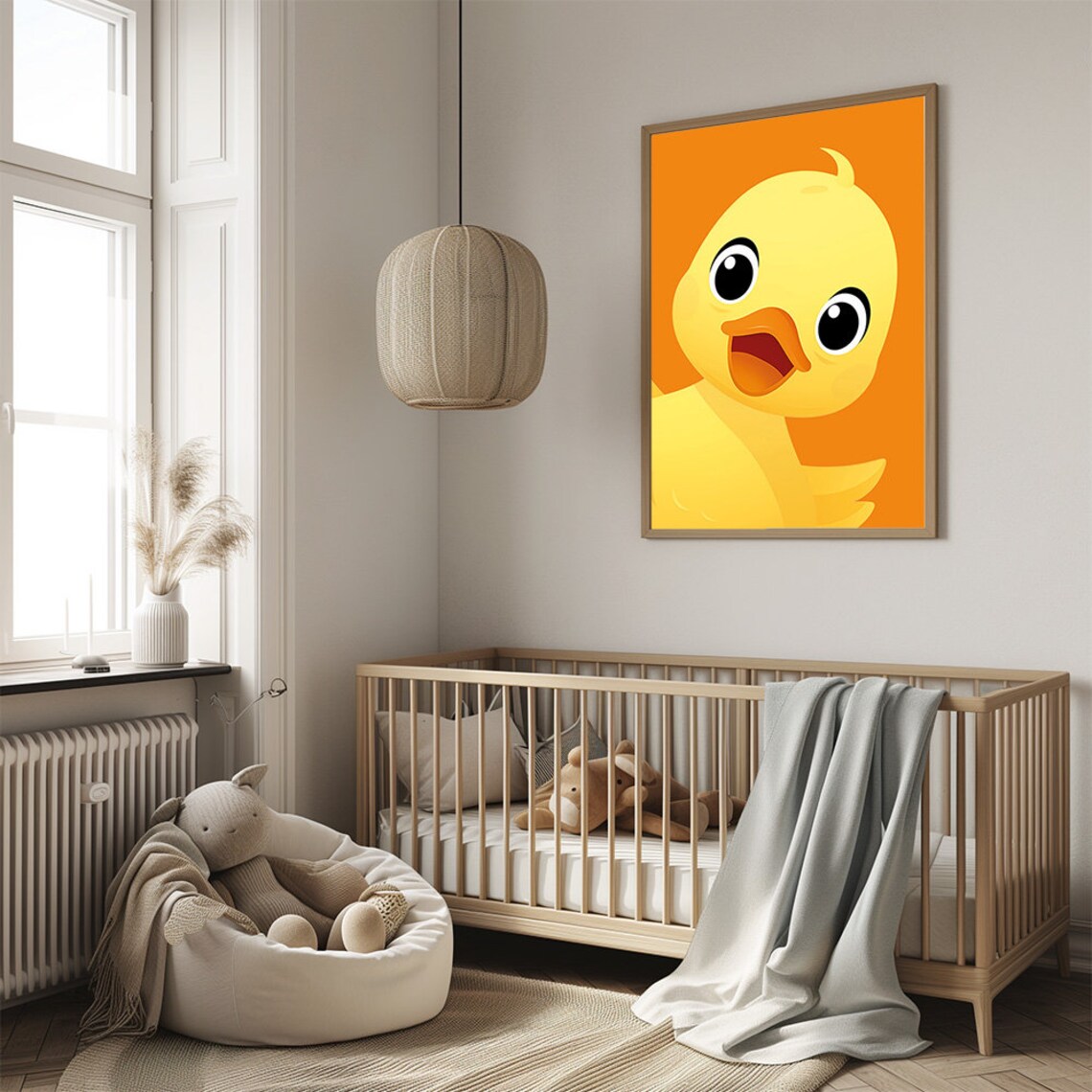 Happy Yellow Duckling Face Cartoon Bright Orange Nursery Wall Art - Image 2
