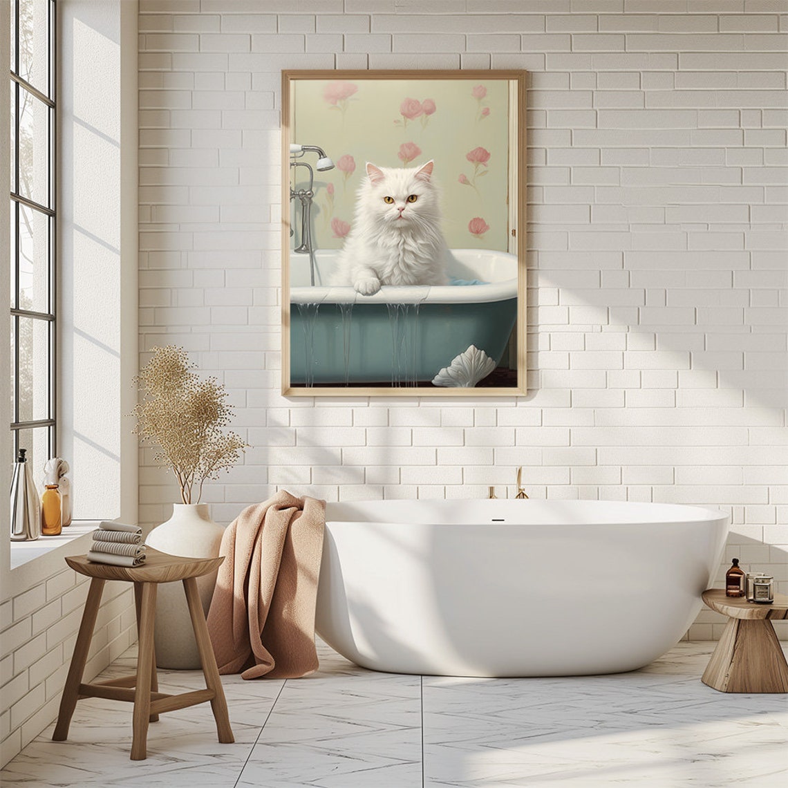 Fluffy White Cat Sitting In A Vintage Bathtub Cute Bathroom Poster - Image 3
