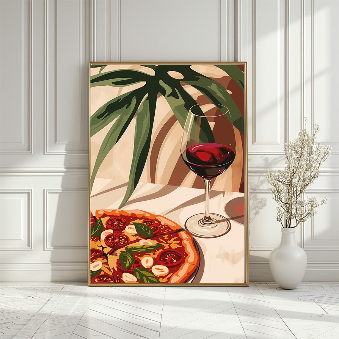 Pizza and Red Wine Poster With Modern Italian Kitchen Art Style - Image 3