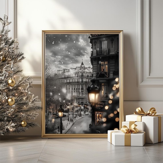 Paris Winter Snow Evening Street Lamps Scene Painting Poster