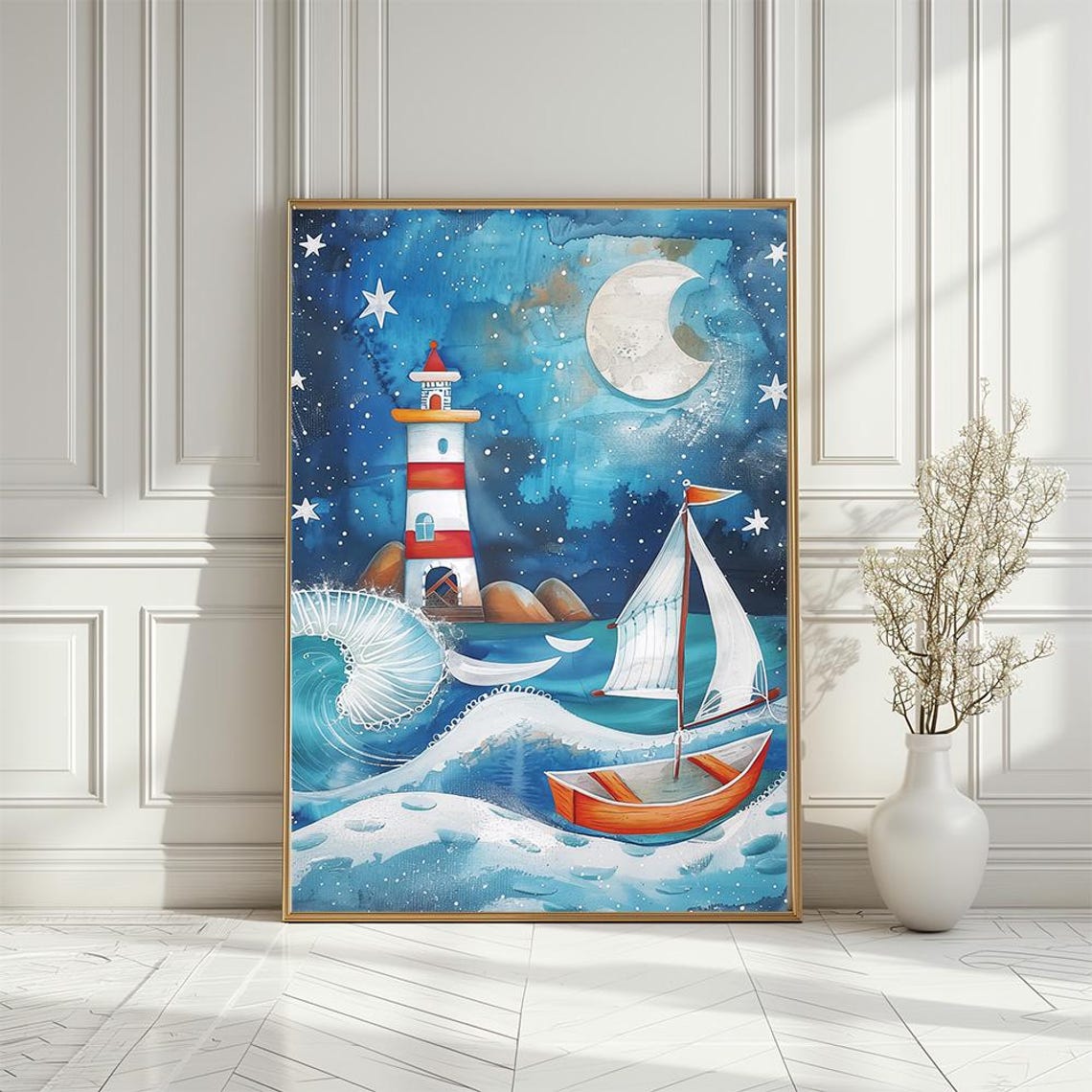 Lighthouse And Sailboat Under Starry Night Sky Nursery Poster