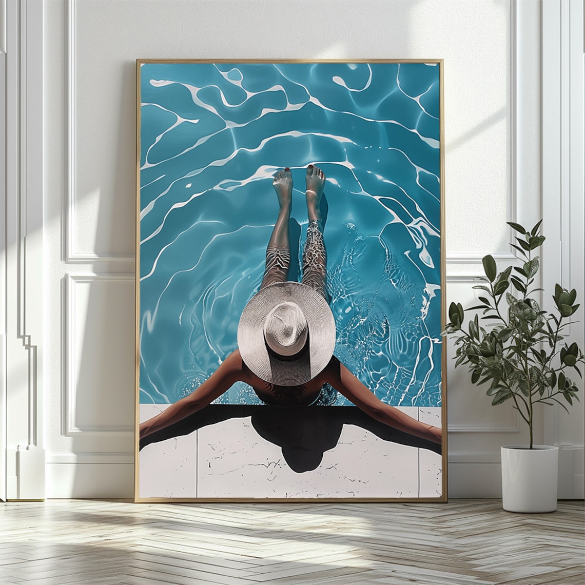 Woman Relaxing In Pool With Wide Brim Sun Hat Summer Photo Poster - Image 3