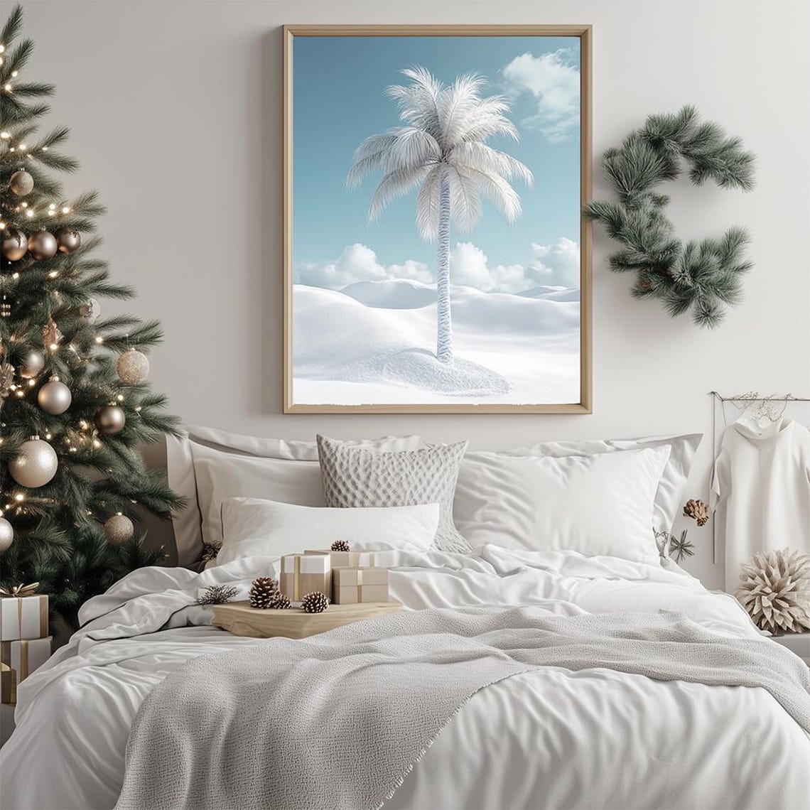 White Palm Tree In Snowy Desert Minimalist Christmas Winter Poster - Image 2