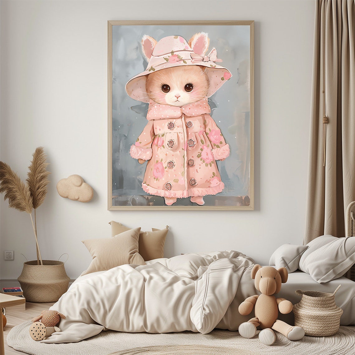 Chic Cat in Pink Floral Coat Nursery Poster With Adorable Hat - Image 3