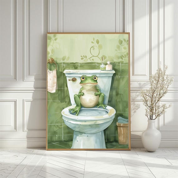 Adorable Frog In Toilet Bathroom Print Animal Art For Kids Bathroom Green Color Cute Animal Illustration Restroom Poster