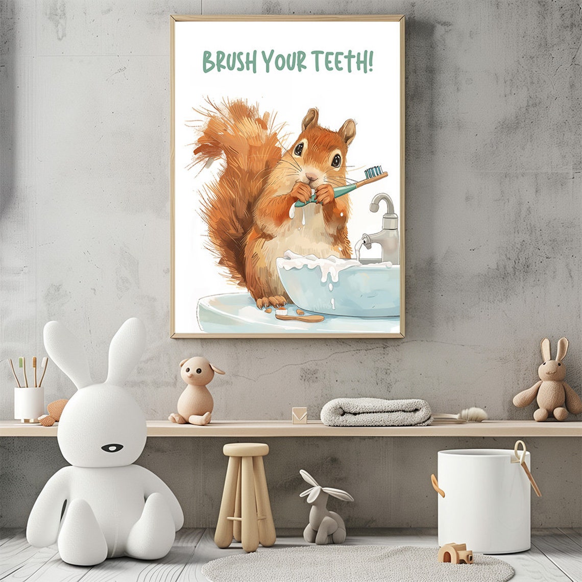 Cute Squirrel Brush Your Teeth Funny Animal Kids Bathroom Print - Image 3