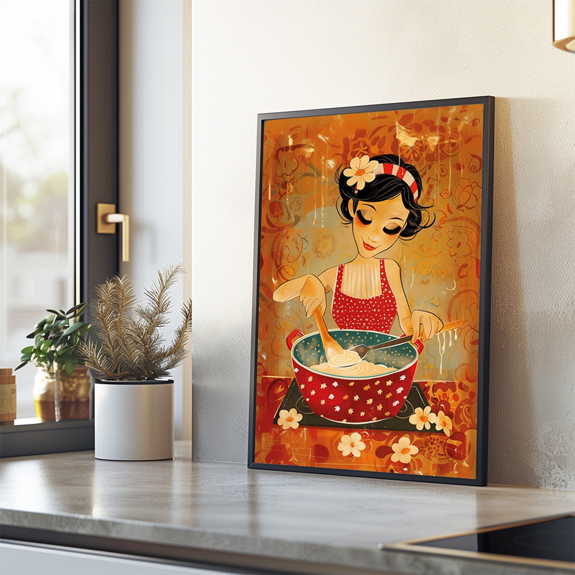 Retro Cooking Woman Stirring Big Pot Cheerful Kitchen Art Poster - Image 2
