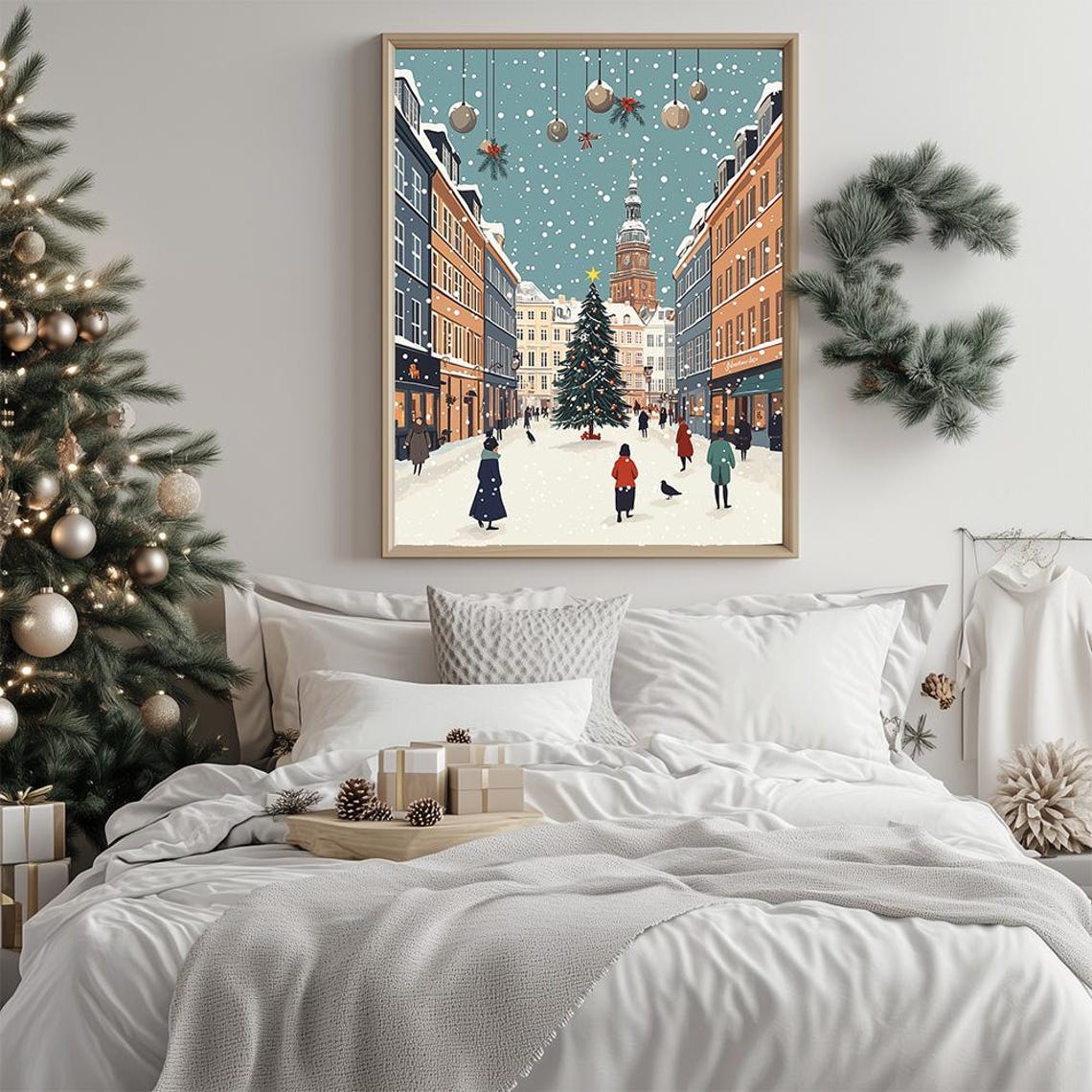Snowy Holiday Cityscape Poster Festive Urban Christmas Illustration Modern Christmas Card European Christmas Street Art - Image 2