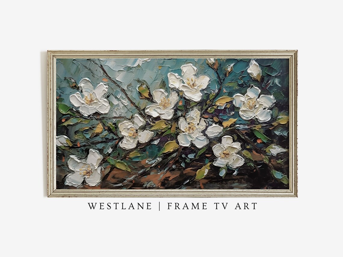 White Blossoms Impasto Textured Floral Oil Painting Wall Art Poster - Image 3