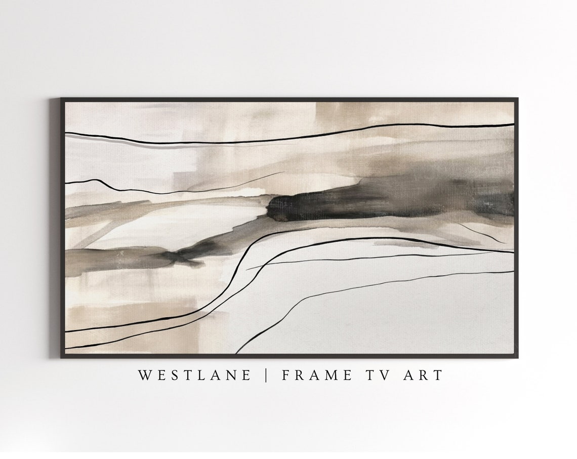 Abstract Neutral Beige Painting Black Flowing Lines Modern Wall Art - Image 3