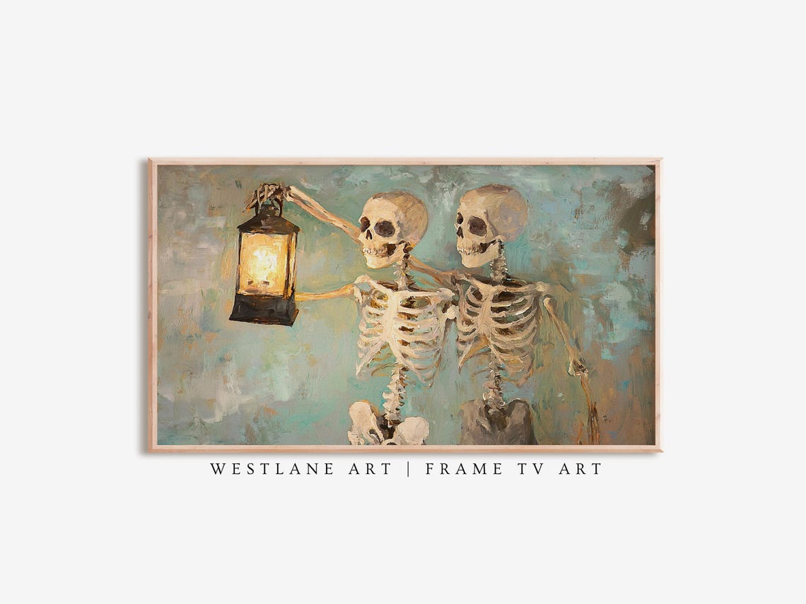 Skeletons Holding Glowing Lantern Teal Misty Halloween Wall Art