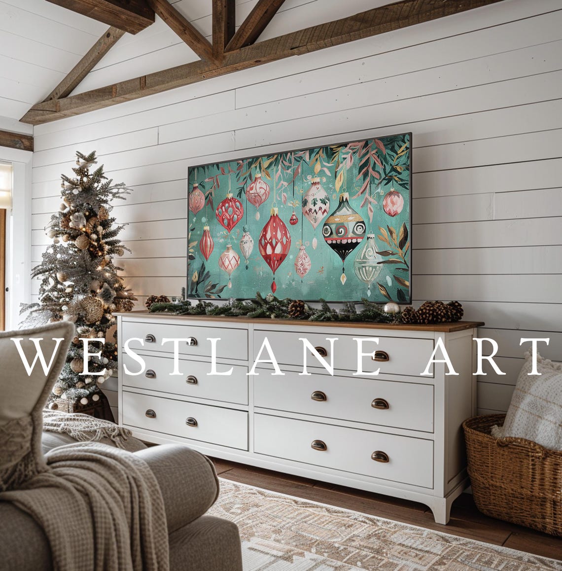 Nordic Christmas Ornaments Teal Background Festive Art Poster - Image 2
