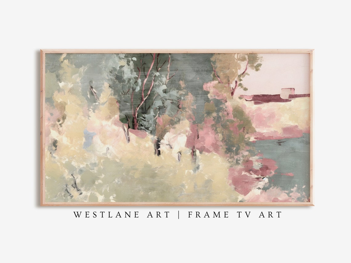 Pastel Pink Abstract Cottage Landscape Tv Art Spring Painting Girls Pink Yellow Green Living Room Decor Tv396