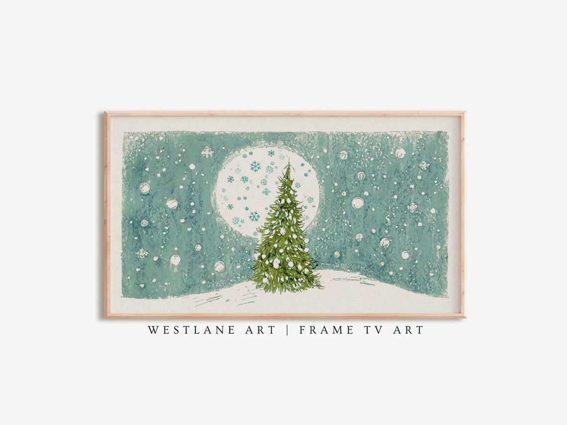 Teal Christmas Eve Vintage Postcard Tree Under Moon Art Poster