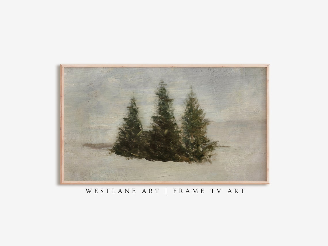 Three Pine Trees In Misty Snow Winter Landscape Oil Painting Poster