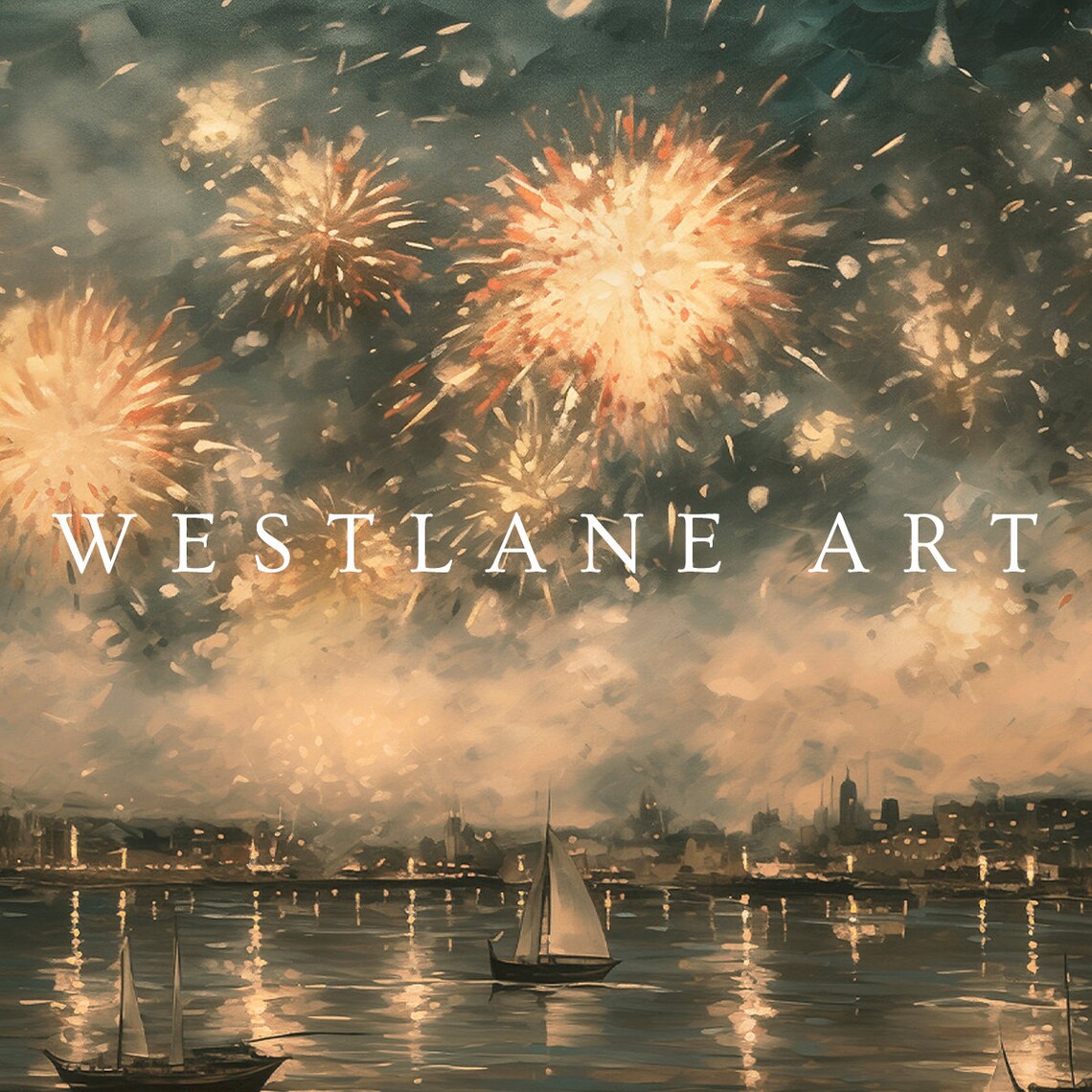 New Years Eve Golden Fireworks Over Harbor Night Sailboat Wall Art - Image 2