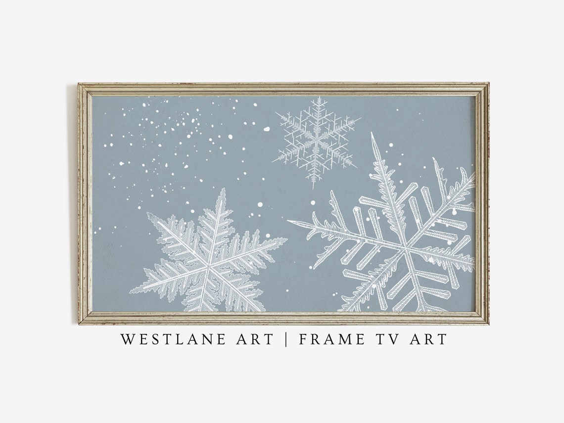 White Snowflake Illustrations On Dusty Blue Winter Holiday Wall Art