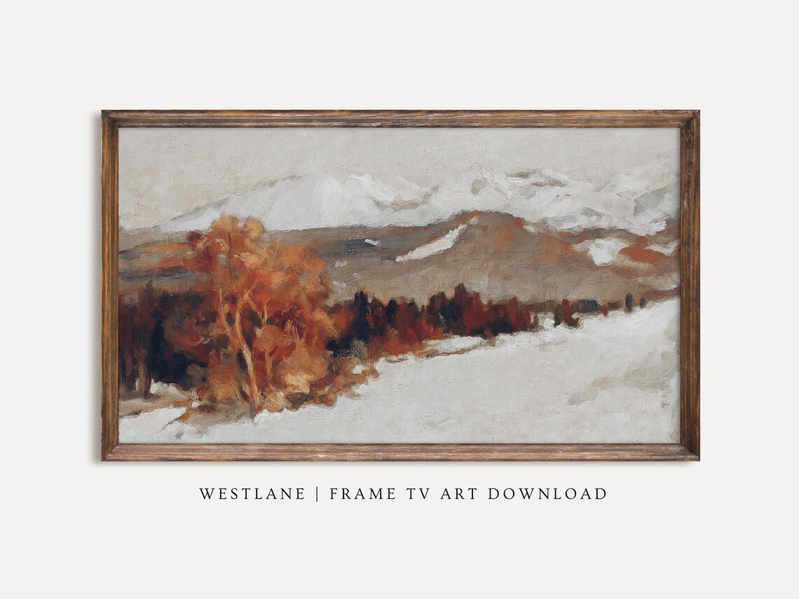 Rustic Winter Landscape Snowy Mountains Red Trees Painting Poster